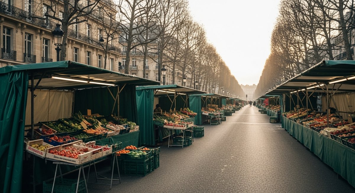 Marché parisien en plein air le long d'un boulevard planté d'arbres, étals de fruits et légumes