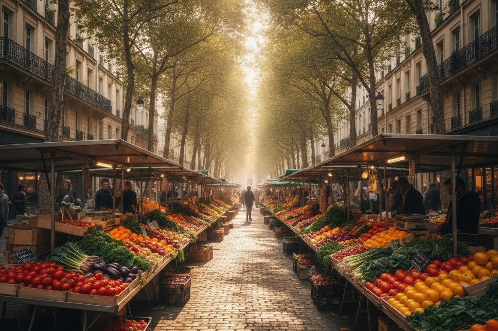 Étals de fruits et légumes sur une avenue parisienne bordée d'arbres