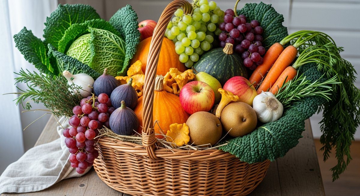 Panier en osier rempli de fruits et légumes de saison sur une table de cuisine