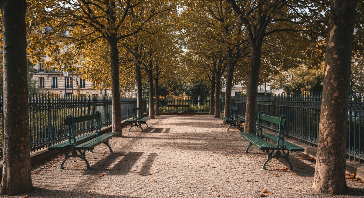 Petit square parisien avec bancs verts, platanes et allée de gravier