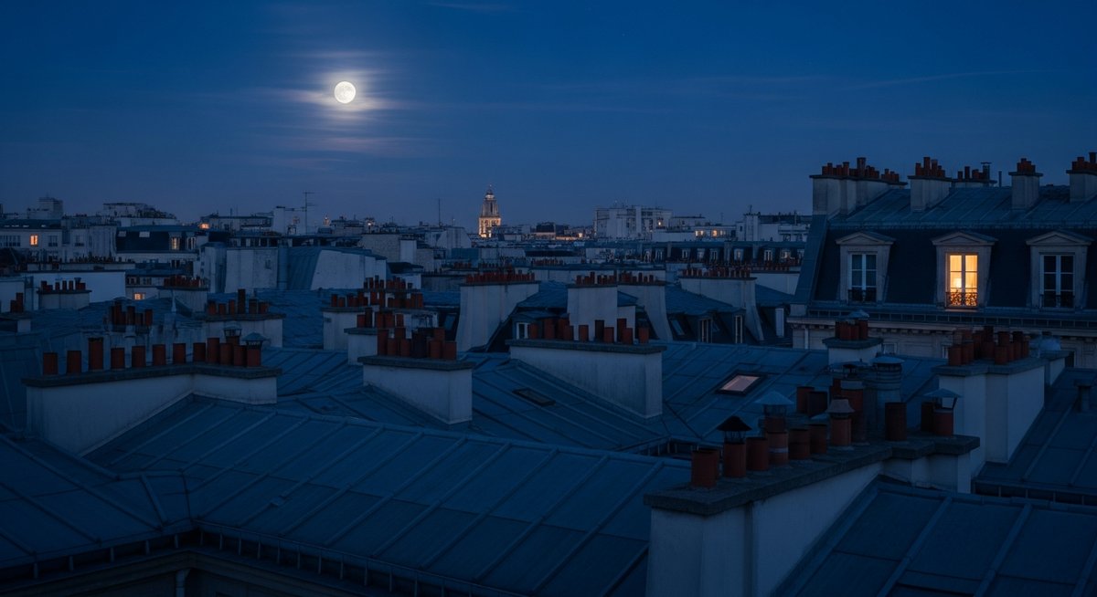 Toits en zinc de Paris la nuit, une fenêtre éclairée sous la lune