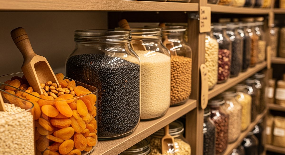 Rayonnages d'une épicerie en vrac avec bocaux de céréales, lentilles et fruits secs
